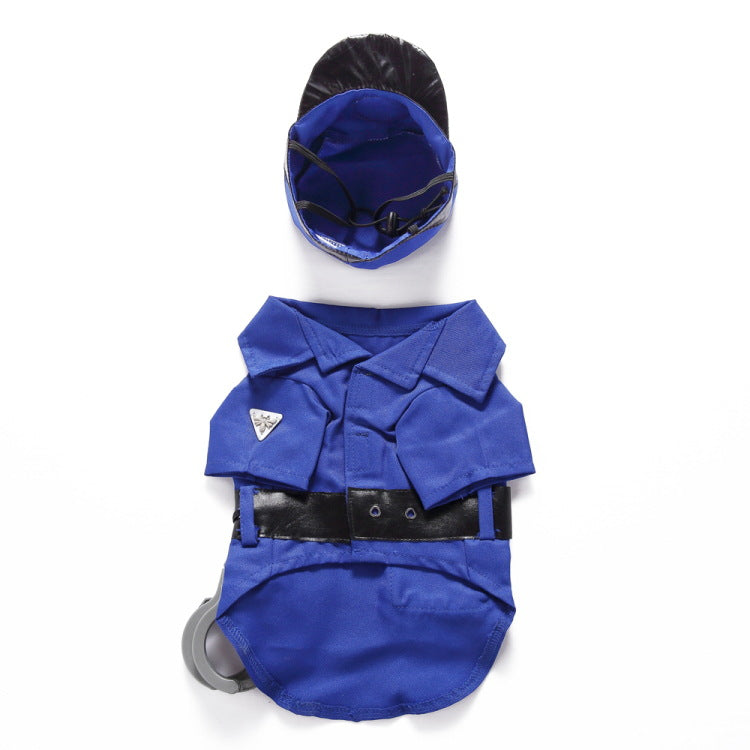 Police Officer Pet Costume Shirt with Velcro Closure, Belt and Hat with Attachment