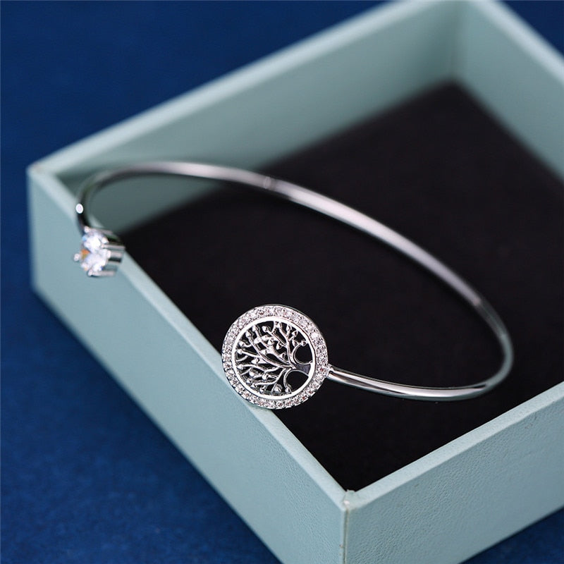 Classic Silver Color Zircon Tree Of Life Luxury Bracelet Bangles