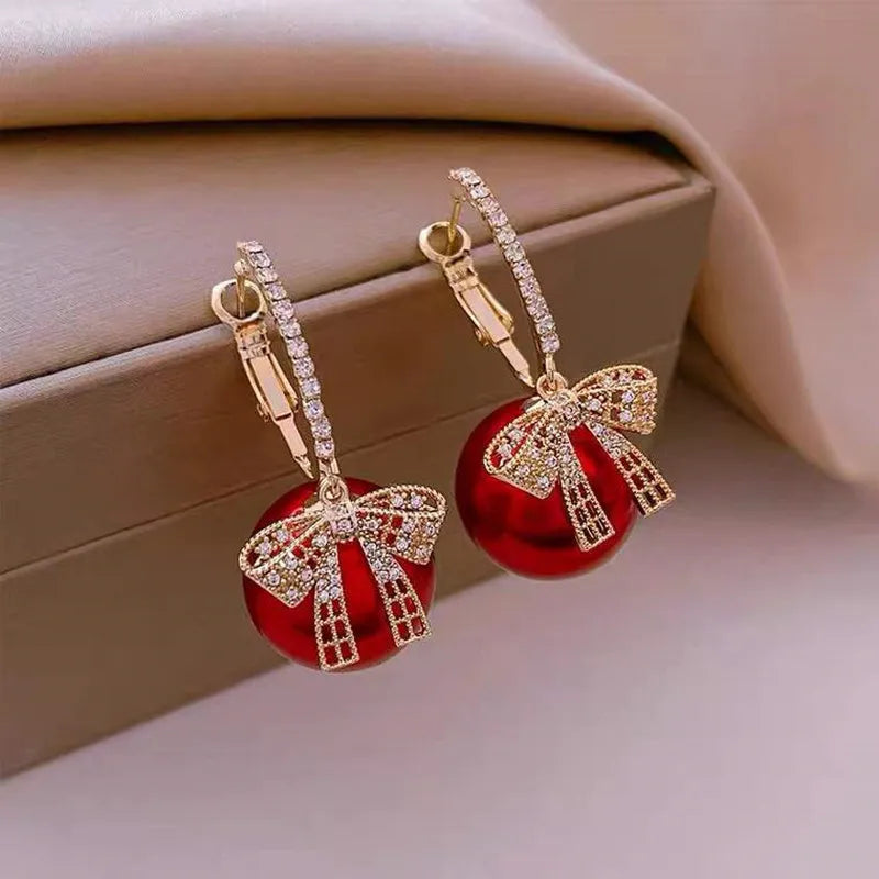 Exquisite Crystal Pearl Bowknot Drop Earrings Jewelry For Women