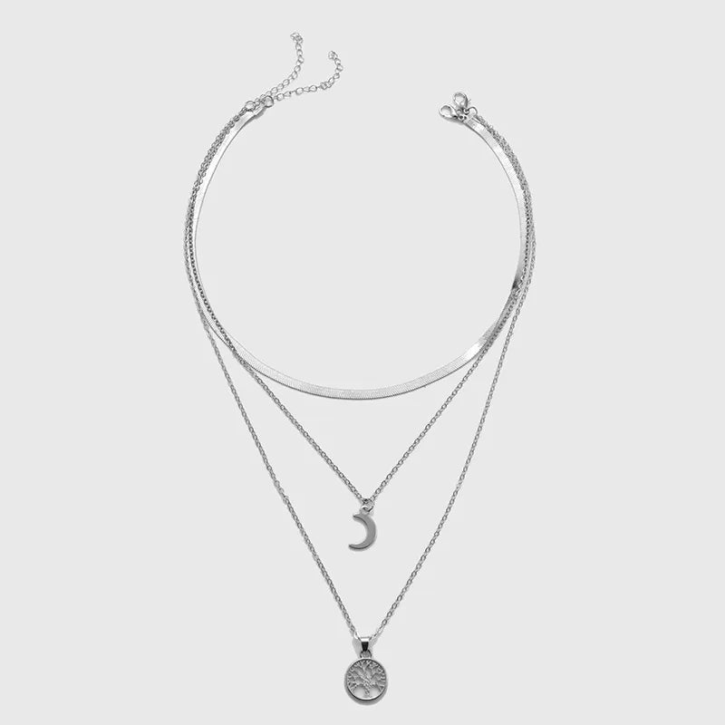 Triple Layer Moon Pendant Necklace Gift for Women's Fashion Jewelry