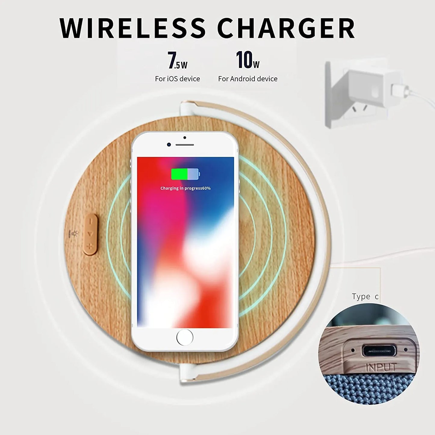 Wood Wireless Chargers LED Lamp Bluetooth Speaker