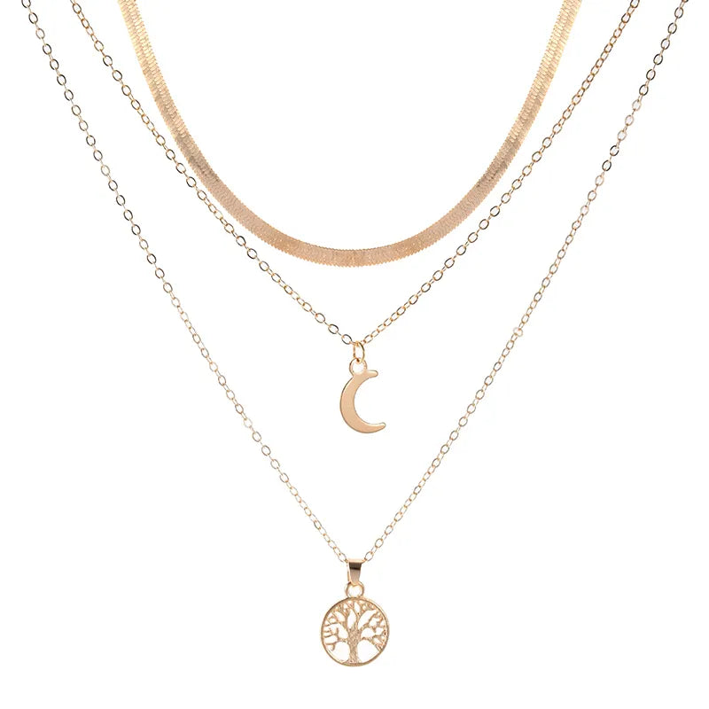 Triple Layer Moon Pendant Necklace Gift for Women's Fashion Jewelry