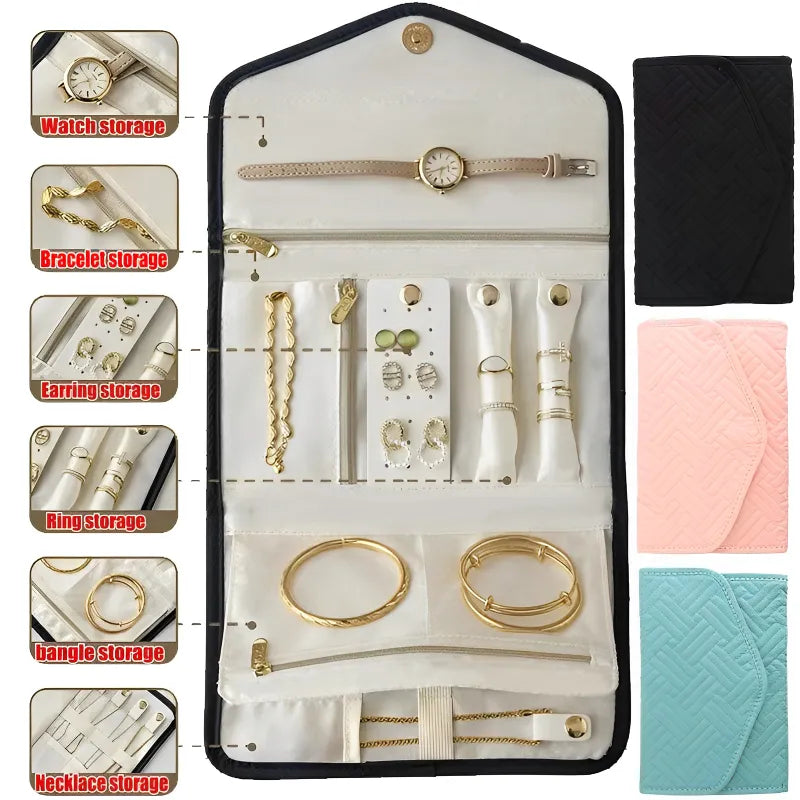 Travel Portable Jewelry Organizer Roll Foldable Necklaces Storage Bag