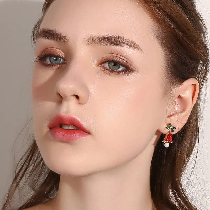 Christmas Bow Red Bell Drop Earrings for Women Girls