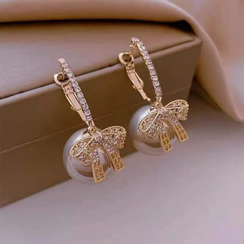 Exquisite Crystal Pearl Bowknot Drop Earrings Jewelry For Women