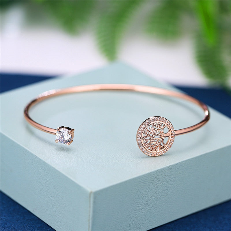 Classic Silver Color Zircon Tree Of Life Luxury Bracelet Bangles