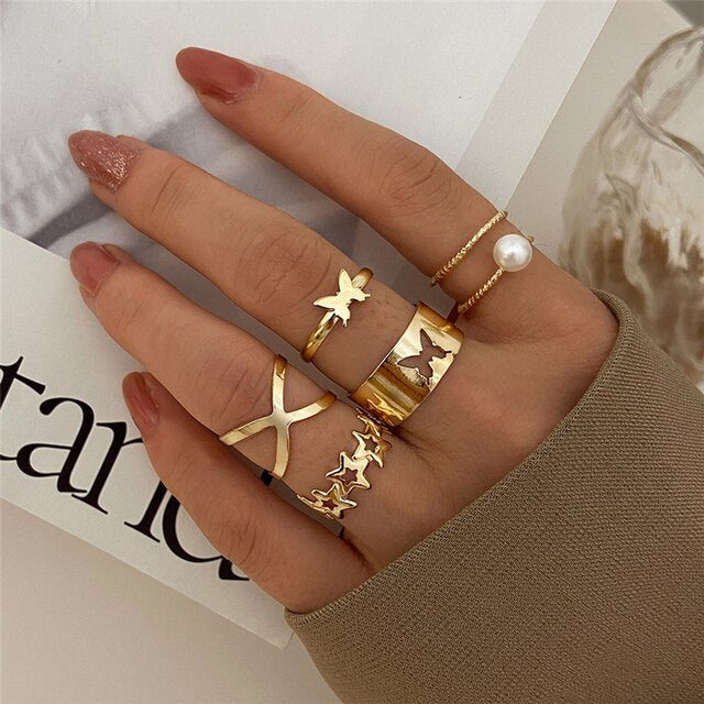 Bohemian Gold Color Rings Set For Women Butterfly Stars Moon Rings