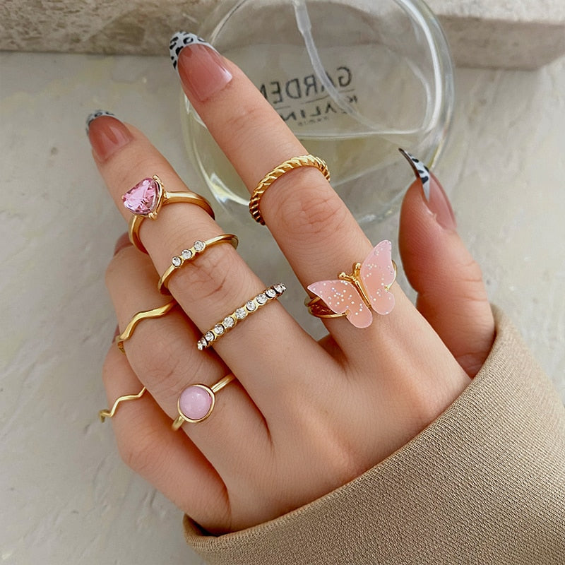 Bohemian Gold Color Rings Set For Women Butterfly Stars Moon Rings