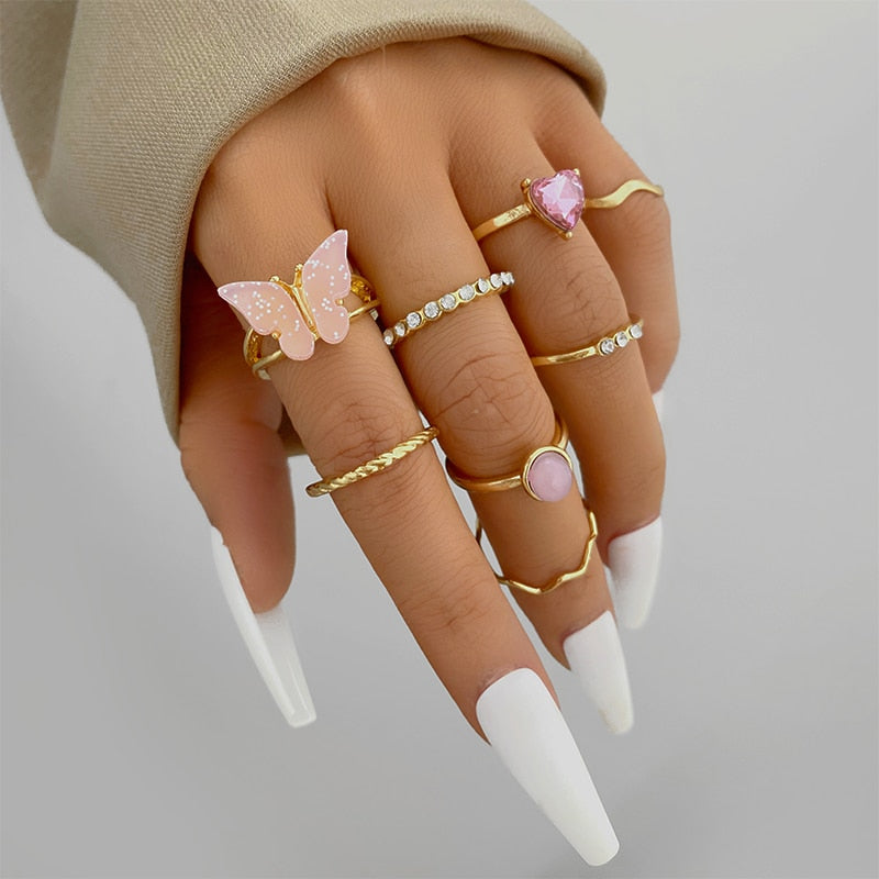 Bohemian Gold Color Rings Set For Women Butterfly Stars Moon Rings