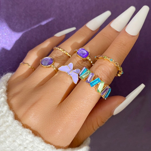 Bohemian Gold Color Rings Set For Women Butterfly Stars Moon Rings