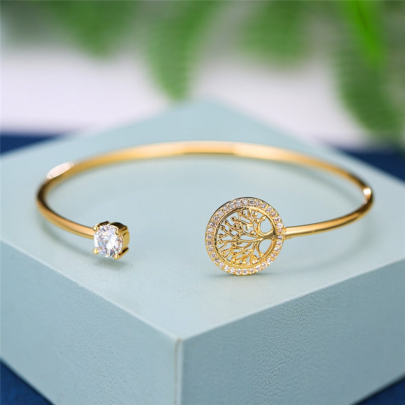 Classic Silver Color Zircon Tree Of Life Luxury Bracelet Bangles