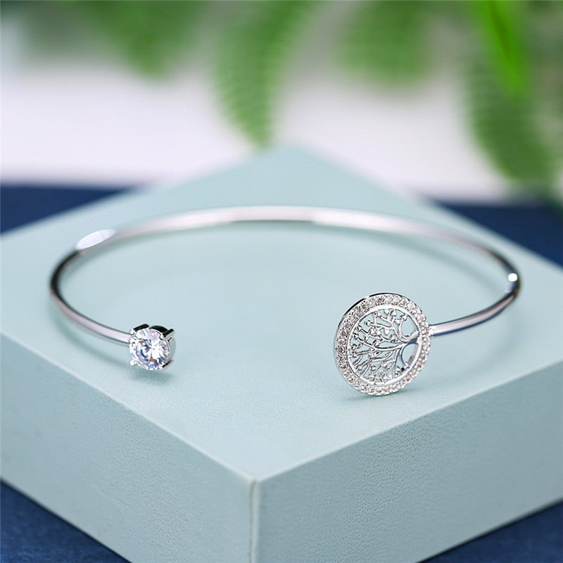 Classic Silver Color Zircon Tree Of Life Luxury Bracelet Bangles