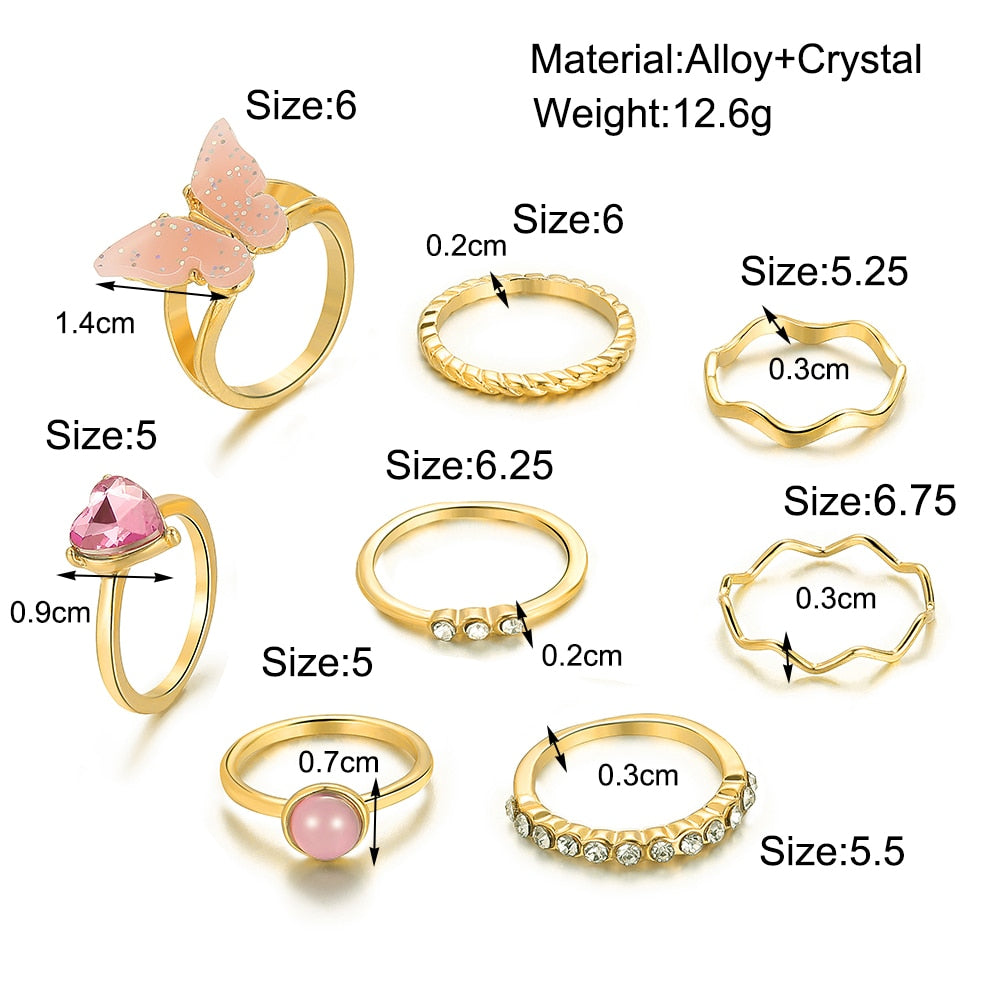 Bohemian Gold Color Rings Set For Women Butterfly Stars Moon Rings